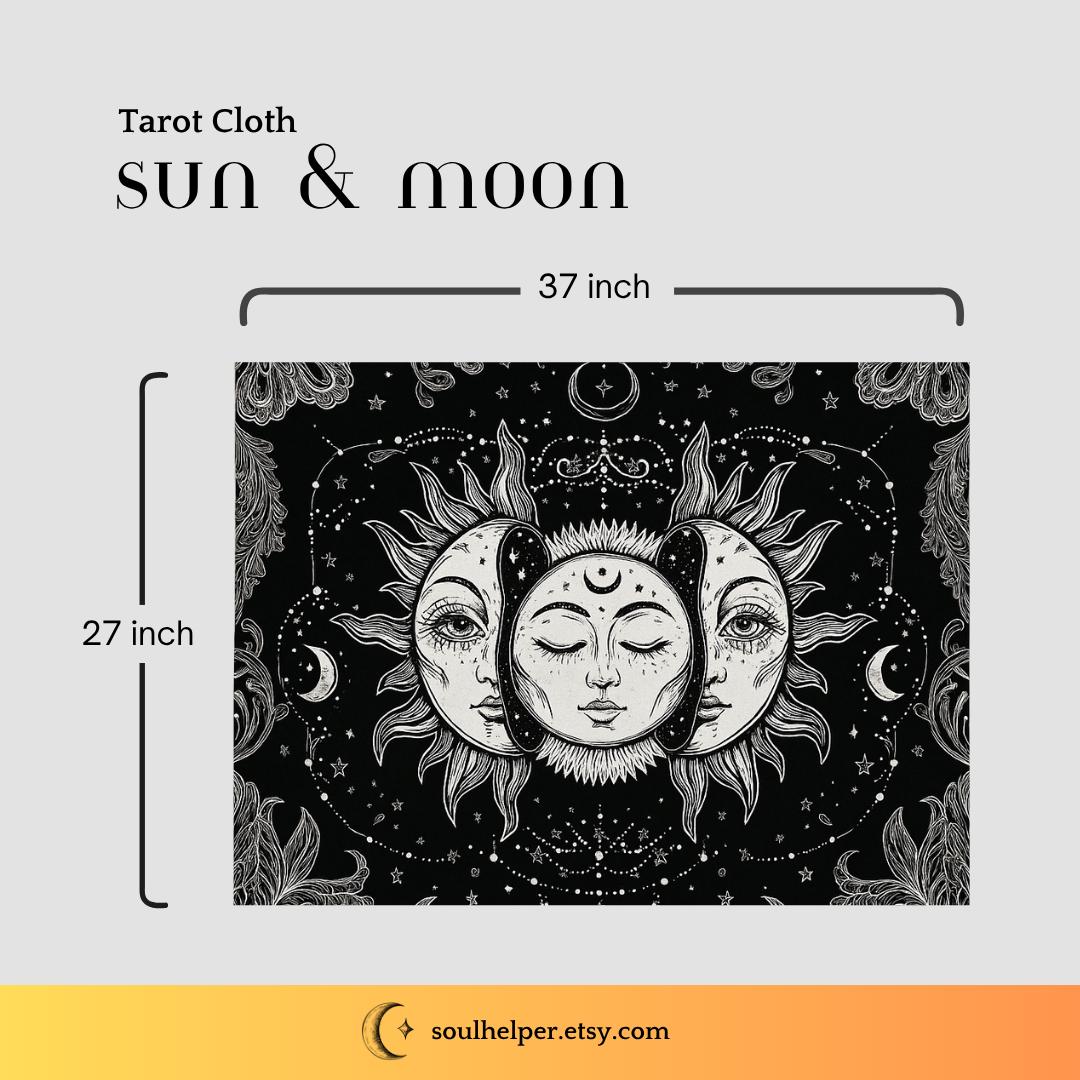 Black and White Sun and Moon Tarot Cloth – Large Celestial Altar Cloth for Tarot, Meditation, and Rituals (37x27”)