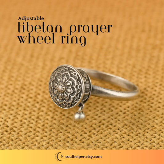 Silver Plated Tibetan Prayer Wheel Ring – Adjustable Spiritual Jewelry (adjusts to sizes 5.5-10)