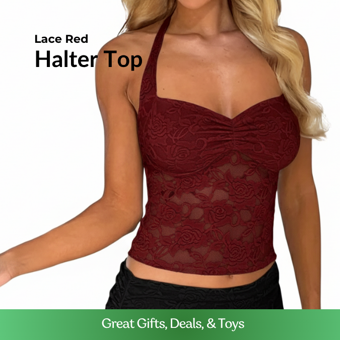 Y2K Lace Halter Crop Top (Red)