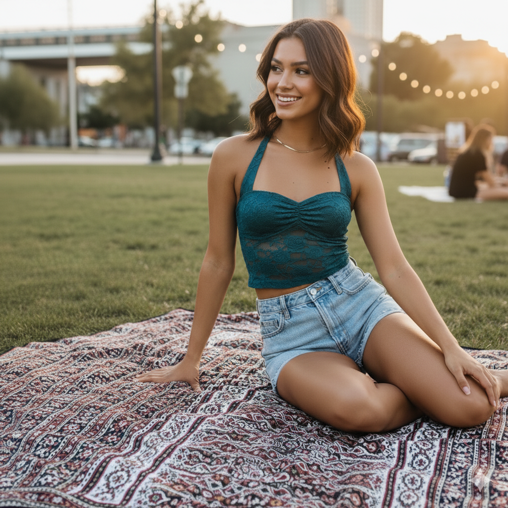 Y2K Lace Halter Crop Top (Blue)