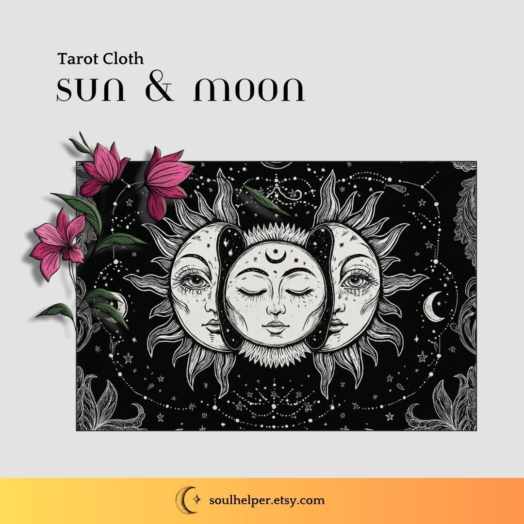 Black and White Sun and Moon Tarot Cloth – Large Celestial Altar Cloth for Tarot, Meditation, and Rituals (37x27”)