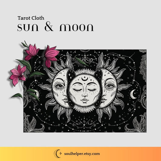 Black and White Sun and Moon Tarot Cloth – Large Celestial Altar Cloth for Tarot, Meditation, and Rituals (37x27”)