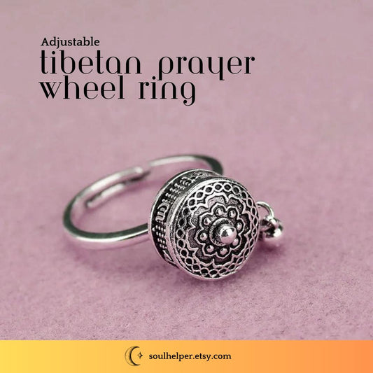 Silver Plated Tibetan Prayer Wheel Ring – Adjustable Spiritual Jewelry (adjusts to sizes 5.5-10)
