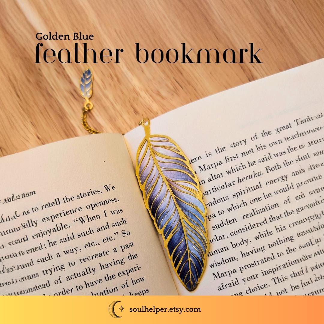 Golden Blue Feather Bookmark – Spiritual Gift, Mindful Reader