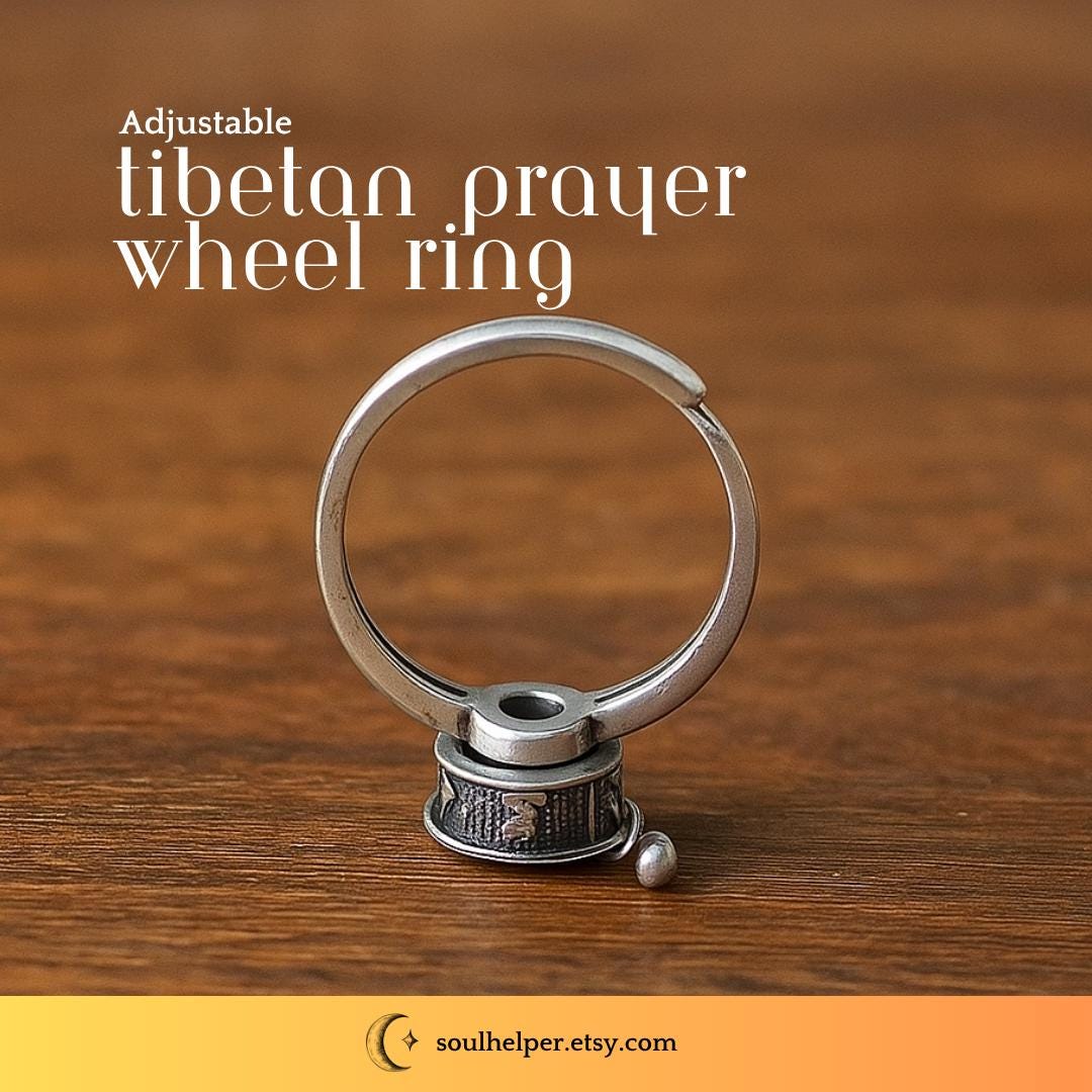 Silver Plated Tibetan Prayer Wheel Ring – Adjustable Spiritual Jewelry (adjusts to sizes 5.5-10)